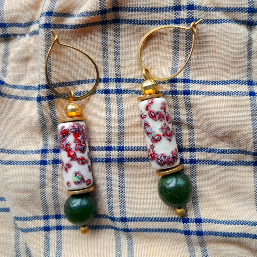Nephrite and Vintage Bead Dangle Hoops - Handmade
